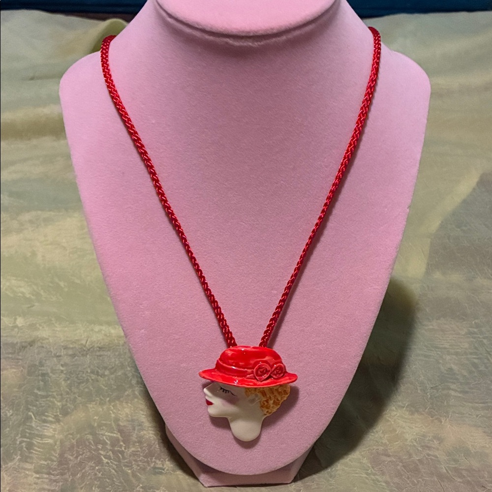 Chic Red and White Necklace with Hat Pendant